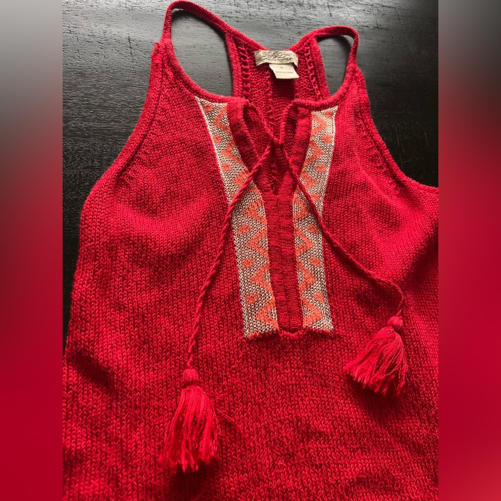 Lucky Brand Red Knit Boho Tassel Tank Top Embroidered Racerback Small Tribal - Picture 2 of 8